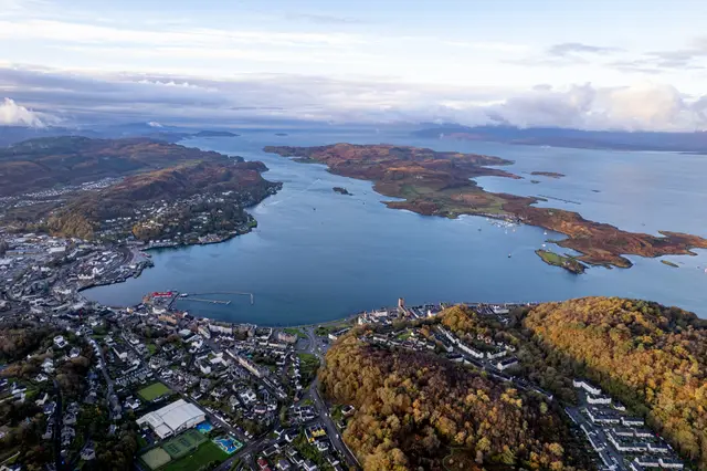 An aerial view of a Scottish sea loch dotted with islands.